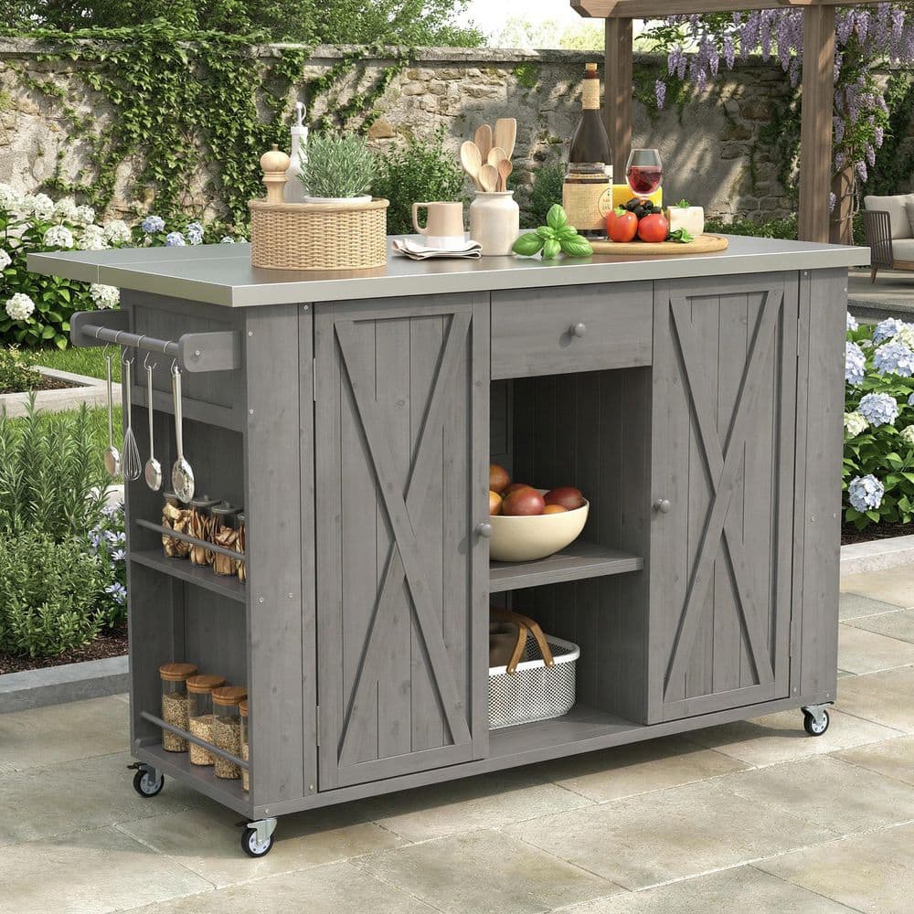 Grey Fir Wood Outdoor Bar Cart Kitchen Island with Stainless Steel