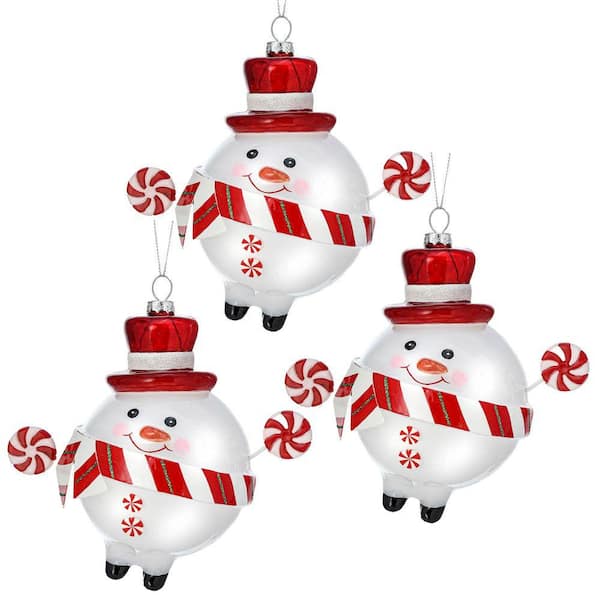 6 in. Glass Peppermint Snowman Ornament (Set of 3)