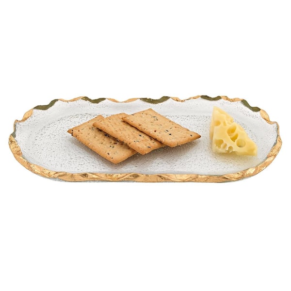Badash Crystal 8 in. x 14 in. Gold Hand Decorated Leaf Chiseled Edge Oval Glass Platter