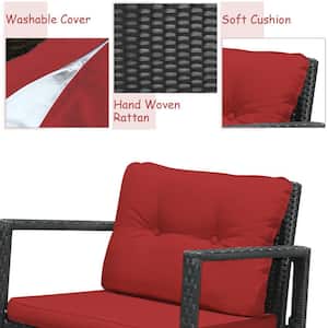 3-Piece Black Wicker Outdoor Bistro Set with Rocking Chairs Red Cushions