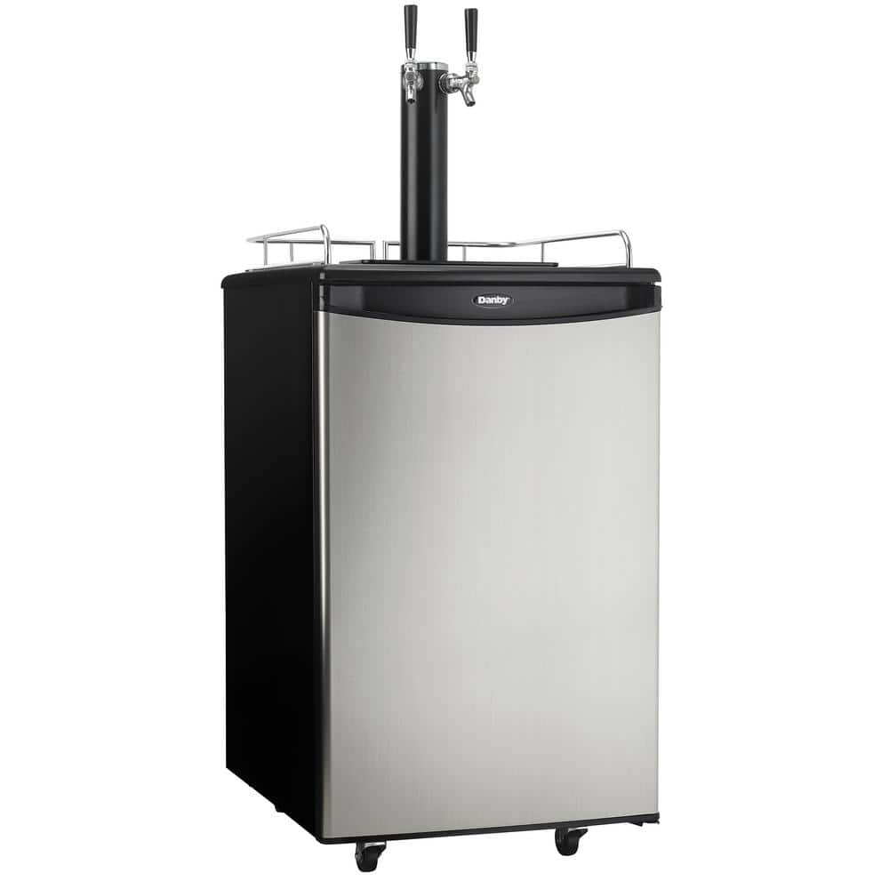 Spotless Steel and Black Dual Tap Freestanding Beverage Dispenser