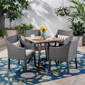 Parma Gray 5-Piece Wood and Faux Rattan Outdoor Dining Set with Silver Cushions