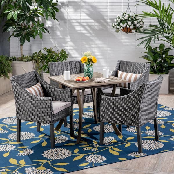 Noble House Parma Gray 5-Piece Wood and Faux Rattan Outdoor Dining Set with Silver Cushions