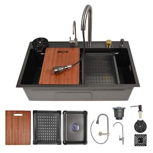 32 in. Drop-In/Undermount Single Bowl Stainless Steel Workstation Kitchen Sink in Black with Pull-Down Faucet