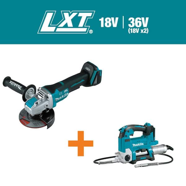 Makita 18V Cordless LXT Brushless 4-1/2 in. /5 in. Paddle Switch X-LOCK Angle Grinder with AFT with bonus 18V LXT Grease Gun