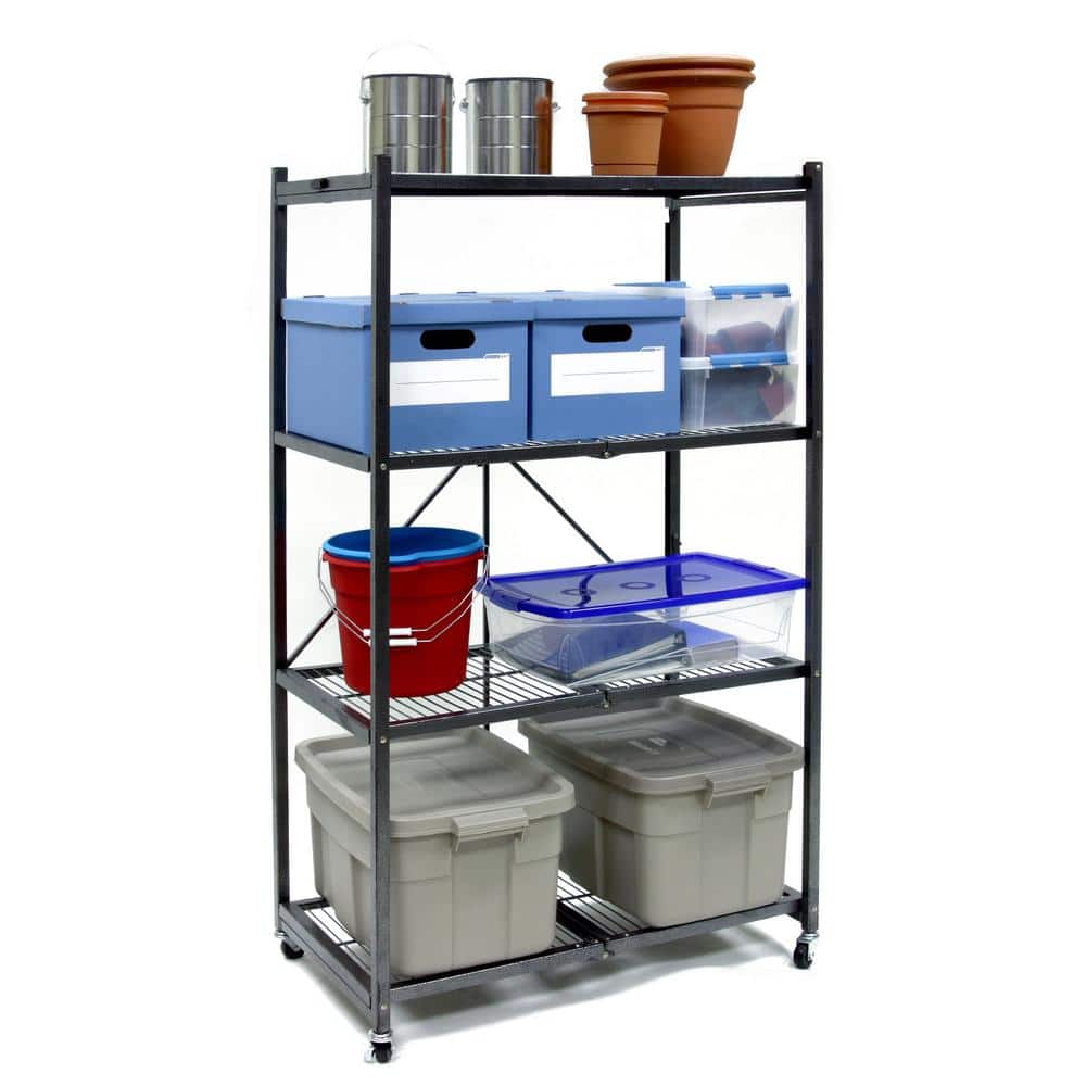 Pewter 4-Tier Foldable Wire Storage Rack with Wheels
