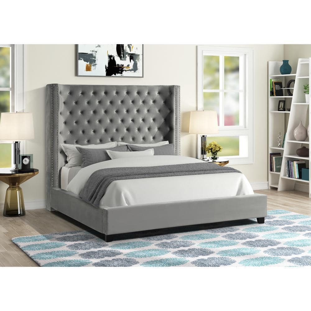 Regal Velvet King Platform Bed with Nailhead Trim in Gray