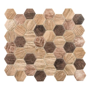 Terrain Walnut Brown/Tan 4.5 in. x 8.25 in. Hexagon Wood-Look Smooth Glass Mosaic Wall Tile Sample