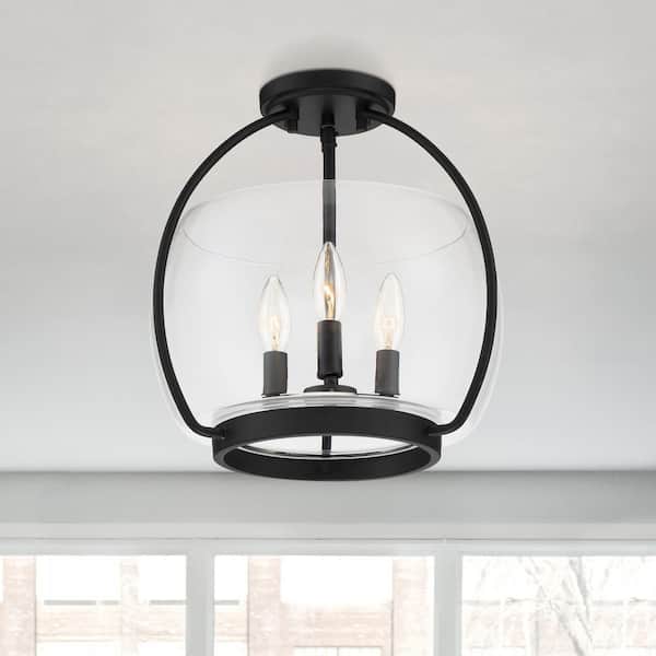 13.8 in. 3-Light Black Semi-Flush Mount with Clear Glass Shade