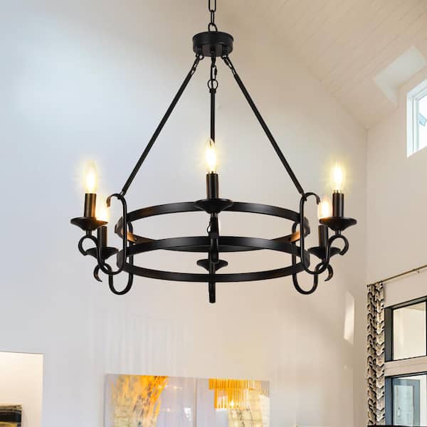 PAKOKULA 6-Light Black Vintage Candle Style Wagon Wheel Chandelier for Dining Room Kitchen Island with No Bulb Included