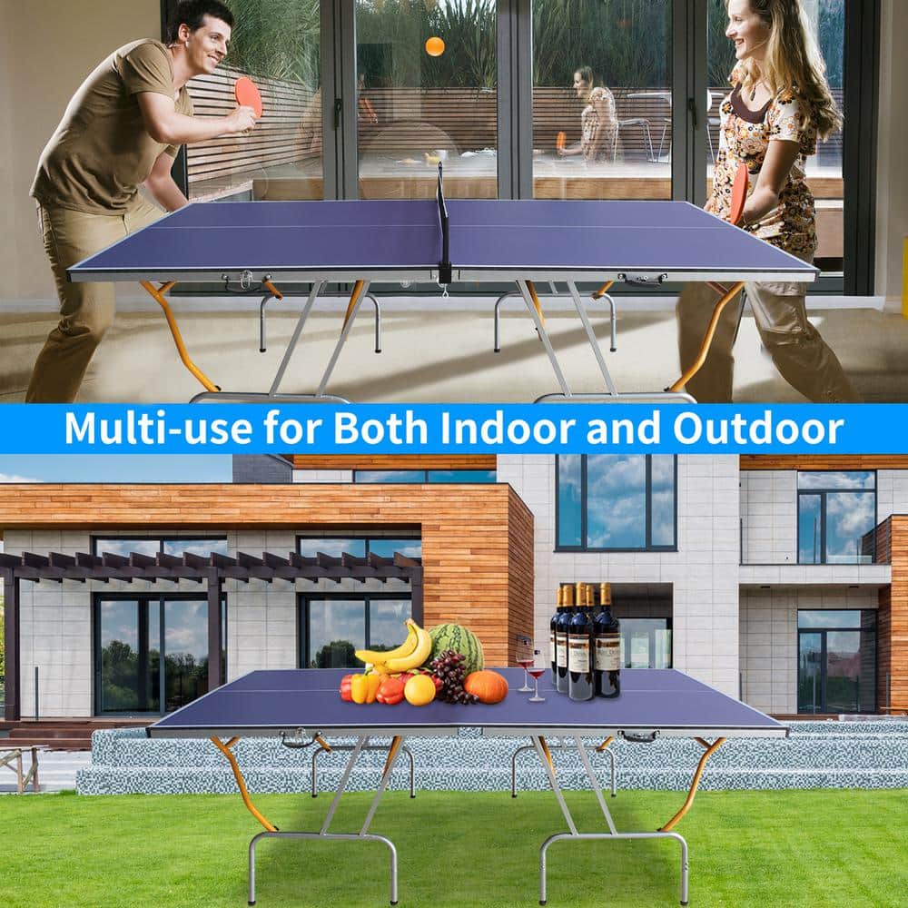 8ft Foldable Blue Table Tennis Set with Net and Paddles