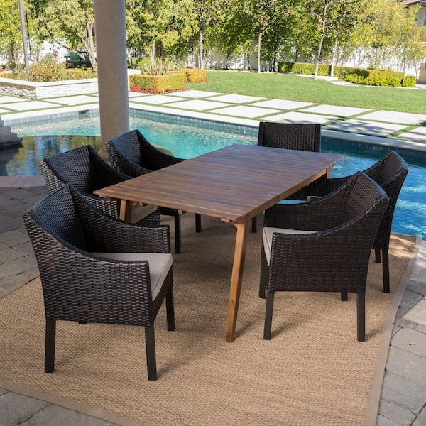 Noble House Vivian Teak Brown 7-Piece Wood Outdoor Dining Set with Beige Cushions
