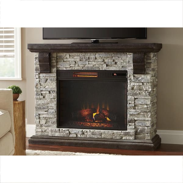 Home Decorators Collection Highland 50 in. Freestanding Faux Stone Electric Fireplace TV Stand in Gray with Mantel