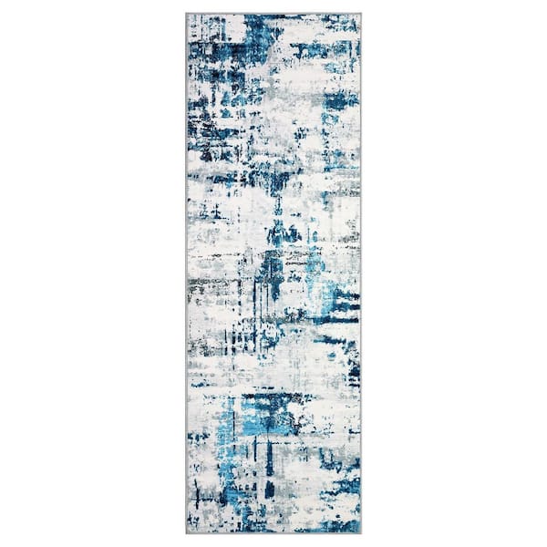 Modern Abstract Low Pile Soft Thin Carpet Washable for Bedroom Living Room Laundry Office Blue, 2 ft. x 6 ft. Area Rug