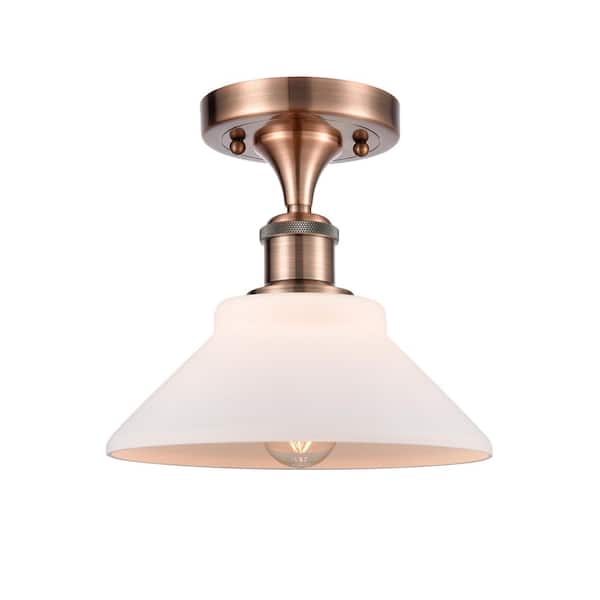 Orwell 8.38 in. 1-Light Antique Copper Industrial Semi-Flush Mount with Frosted Glass Shade