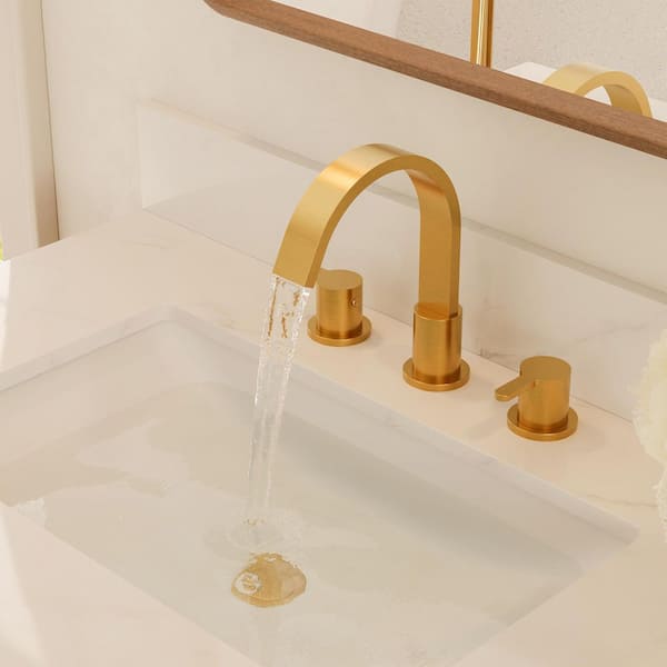 8 in. Waterfall Widespread Double Handle 360° Swivel Bathroom Faucet with Pop-Up Drain in Brushed Gold (1-Pack)