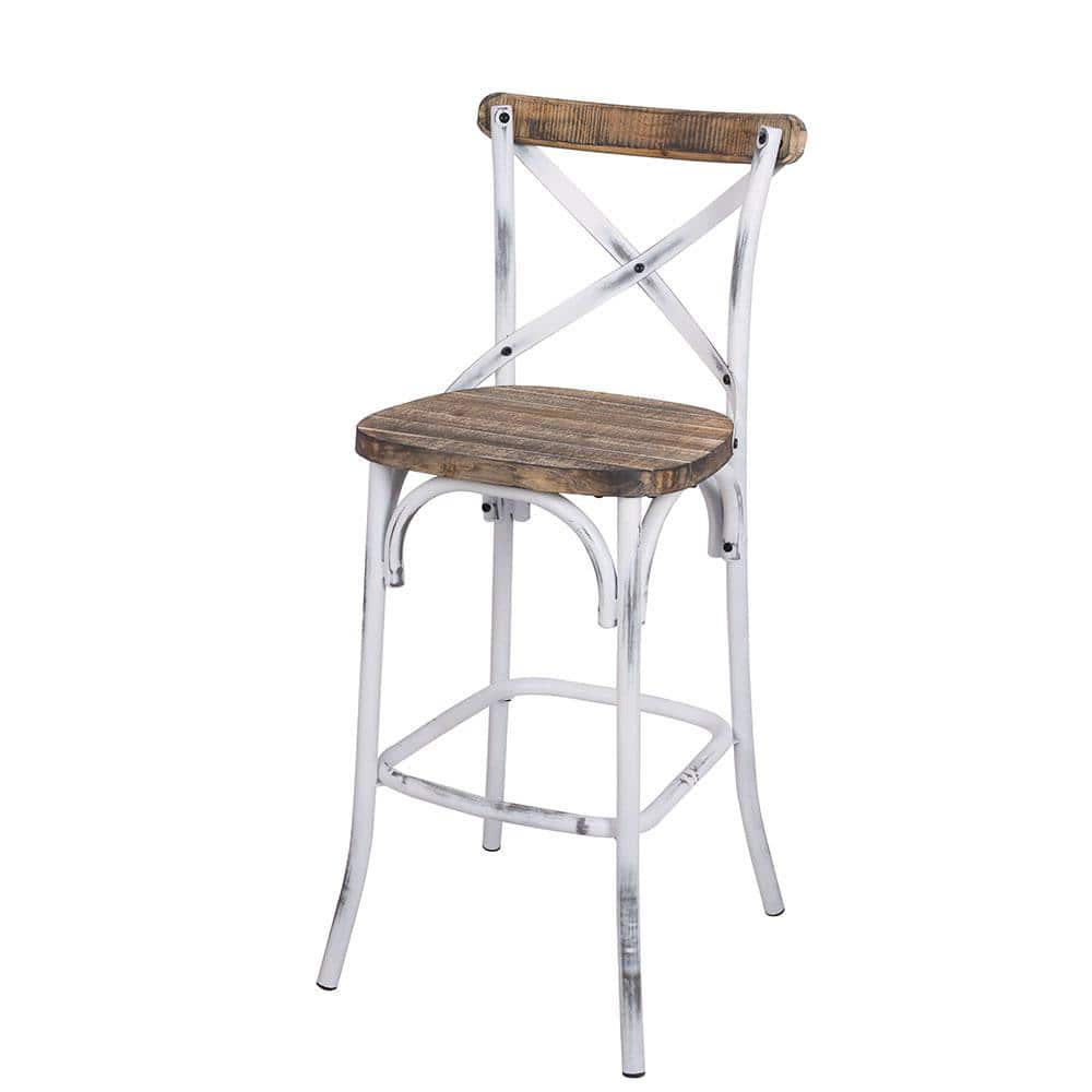 Antique White & Oak Rustic Metal-Accented Bar Chair