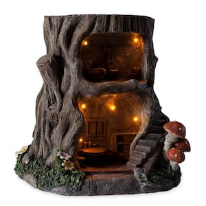 Two-Story Fully-Furnished Resin Solar Lighted Fairy House in a Stump Garden Statue