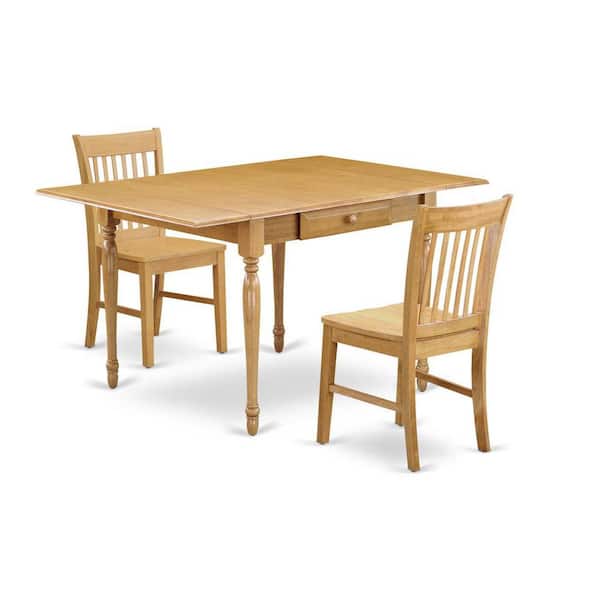 East West Furniture 3-Piece Natural Brown Oak Finish Solid Wood Top with Dropleaf Dining Table Set