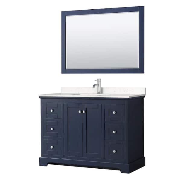 Wyndham Collection Avery 48 in. W x 22 in. D x 35 in. H Single Bath Vanity in Dark Blue with Carrara Cultured Marble Top and 46 in. Mirror