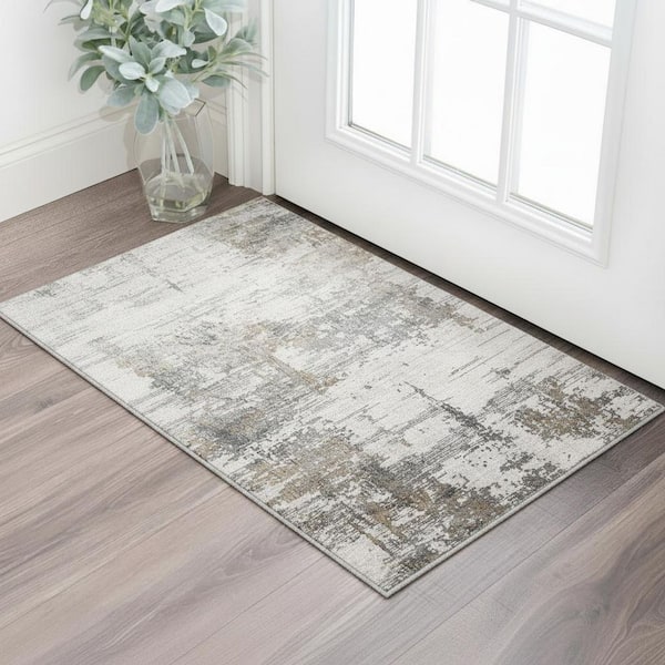 2 ft. x 3 ft. Ivory Gray and Brown Abstract Area Rug with Fringe