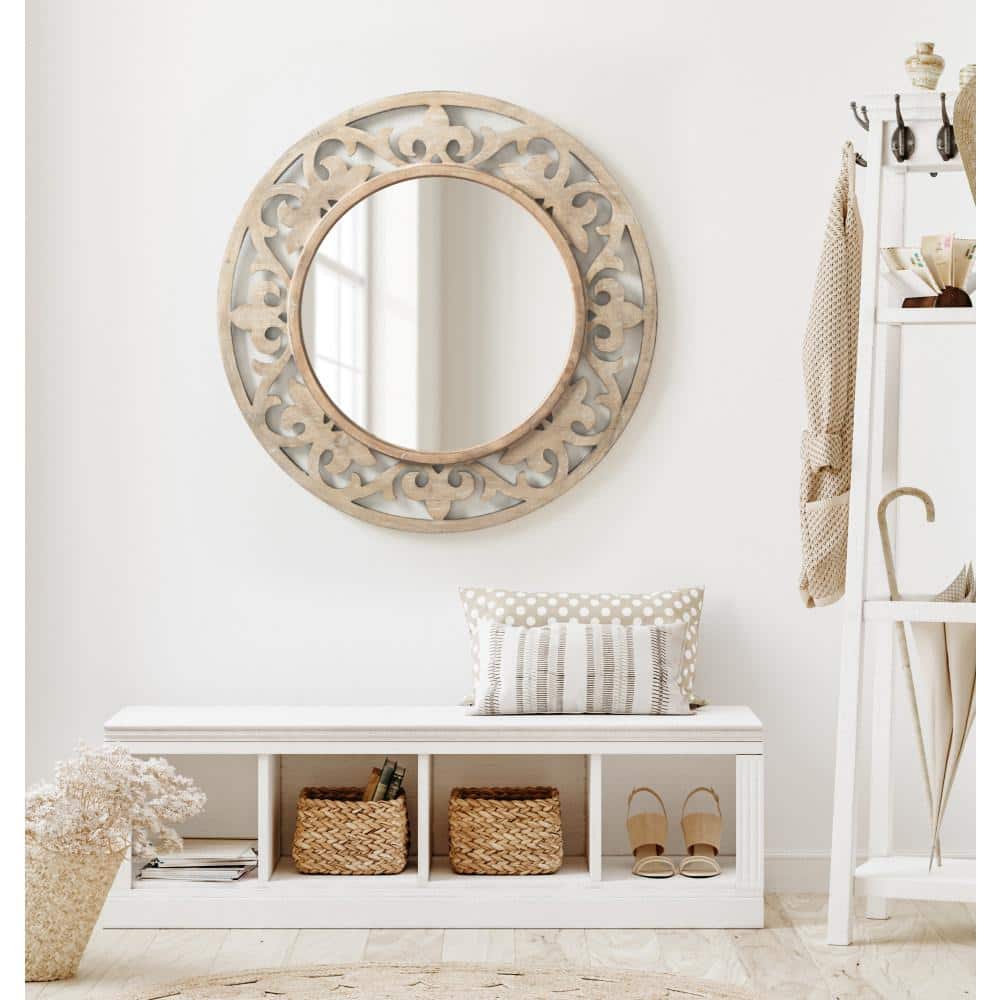 Shovali 32" Natural Wood Carved Round Vanity Mirror