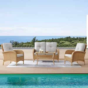 Carlos Natural 4-Piece Wicker Patio Conversation Set with Off White Cushions