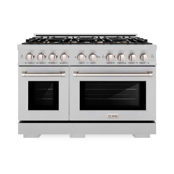 48 in. 6.7 cu. ft. Select Double Oven Dual Fuel Range in Satin Stainless Steel with 8 Brass Burner Cooktop