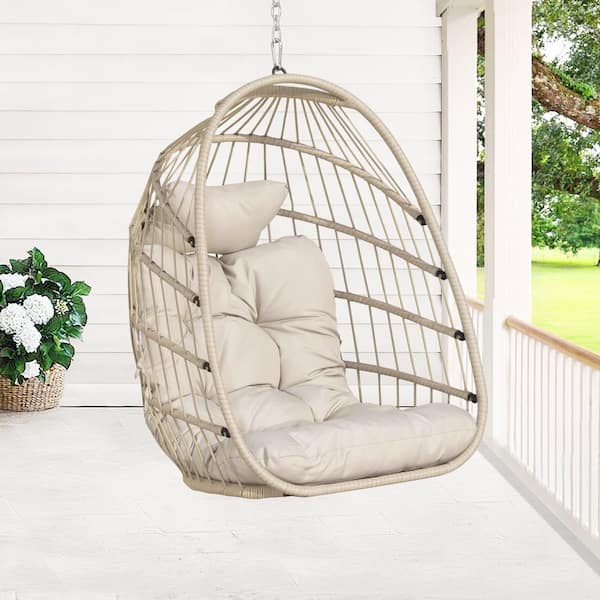 FINCATI Foldable 265 lbs. 1 Person Beige Wicker Porch Swing Egg Chair with Beige Cushions