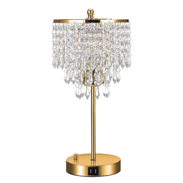 Briignite 17 in. Gold LED Crystal Task & Reading Table Lamp with 3-Way Dimming and Dual USB Port Design for Bedroom, Living Room