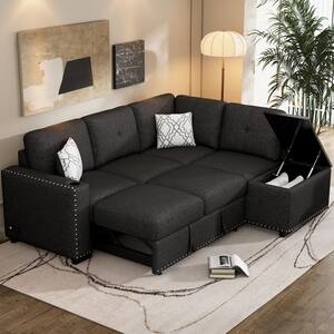 83.8 in. Black Chenille Twin Size Pull-Out Sofa Bed L Shaped Sectional Sofa with Built-in Storage and USB Ports