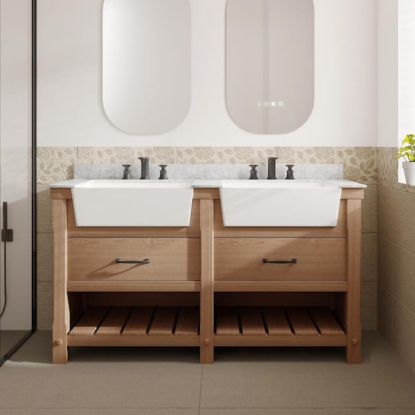 VLeaf 60 in. W x 20 in. D x 34.5 in. H Double Sinks Bath Vanity Cabinet in Driftwood with Carrara Marble Top