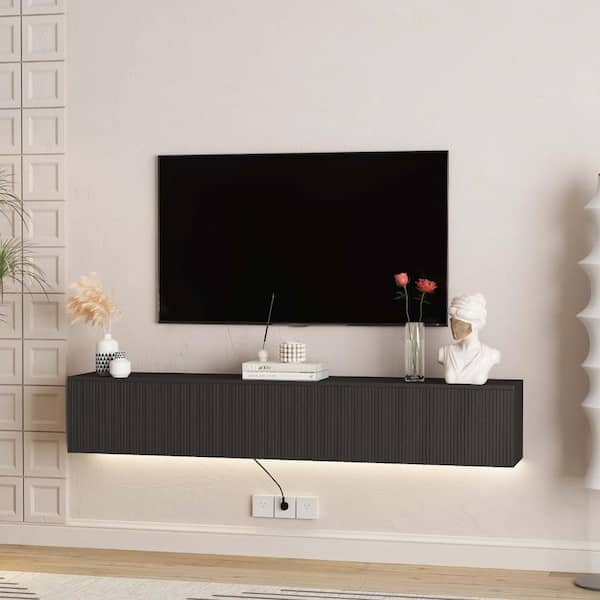 68.8 in. W x 11.8 in. D Black Decorative Wall Shelf,Wall Mounted TV Shelf with Led Lights&Power Outlet,Floating TV Shelf