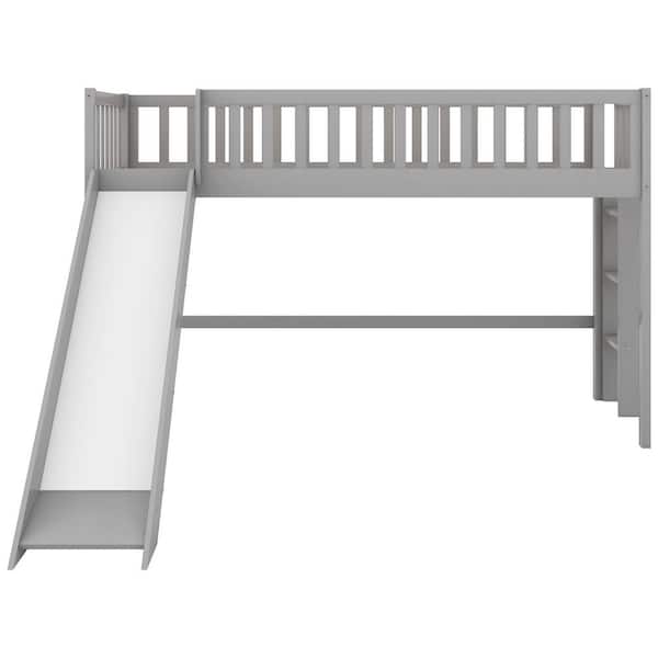 STICKON Gray Twin Size Low Loft Bed with Ladder and Slide