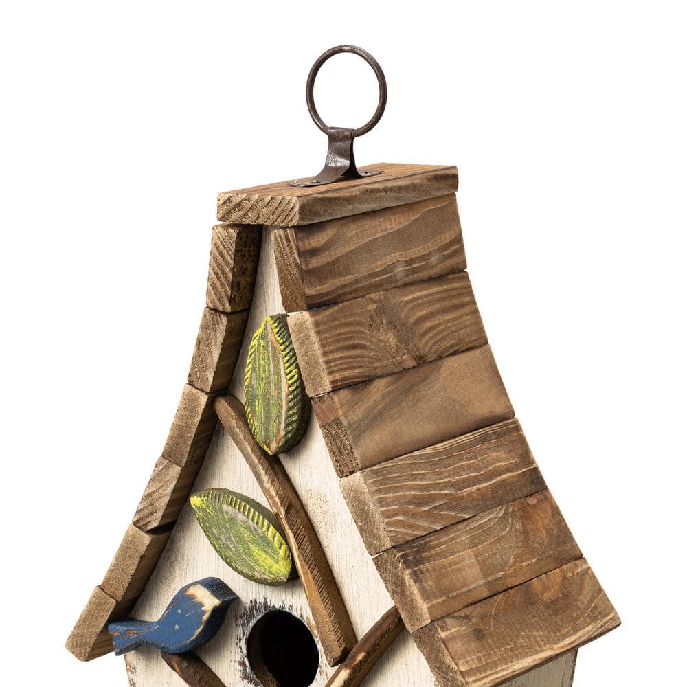 Distressed Washed White Solid Wood Birdhouse with Natural Pallet Roof