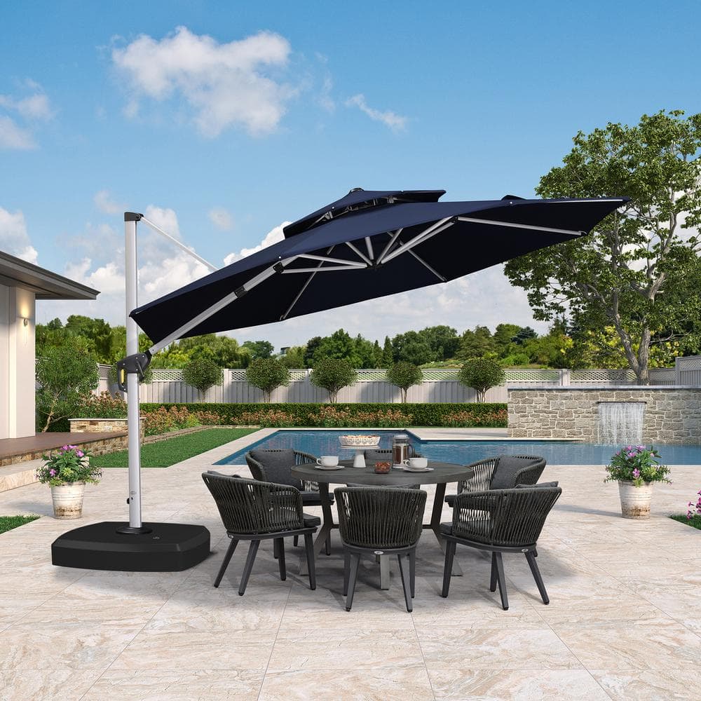 PURPLE LEAF 12 ft. Octagon High-Quality Aluminum Cantilever Polyester Outdoor Patio Umbrella with Wheels Base, Navy Blue