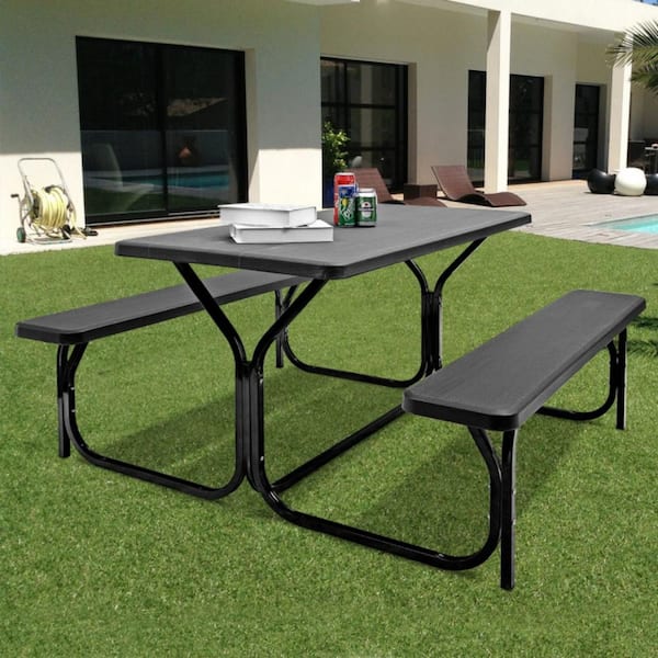 54 in. x 59 in. x 28.5 in. Black HDPE Rectangle Picnic Table Bench Set with Metal Base for Outdoor Camping All Weather