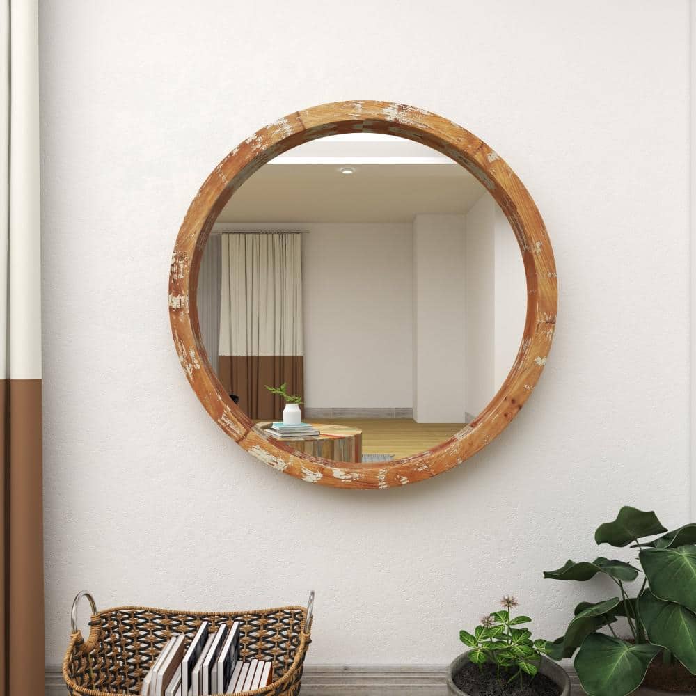 Vintage Round Brown Wood Wall Mirror
