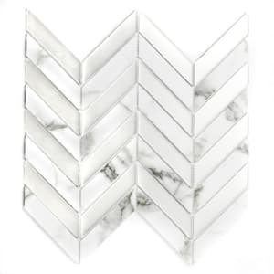 Art Deco Designs Carrara White Herringbone Mosaic 10.59 in. x 11.73 in. Marble Look Glass Wall Tile (8.6 sq. ft./Case)