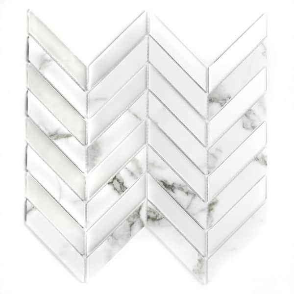ABOLOS Art Deco Designs Carrara White Herringbone Mosaic 10.59 in. x 11.73 in. Marble Look Glass Wall Tile (8.6 sq. ft./Case)