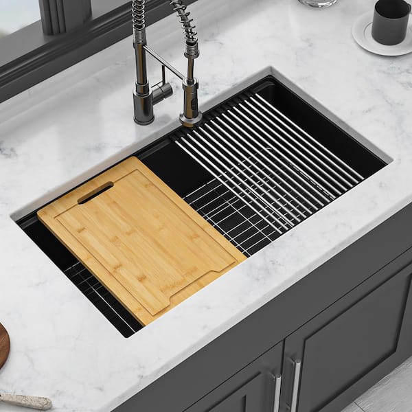 Staykiwi 30 in. Undermount Single Bowl Black Quartz Kitchen Sink with Bottom Grids