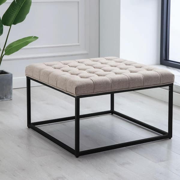 ELUXURY Tan Large Square Tufted Ottoman with Black Metal Base HOT006-W04-TN  - The Home Depot