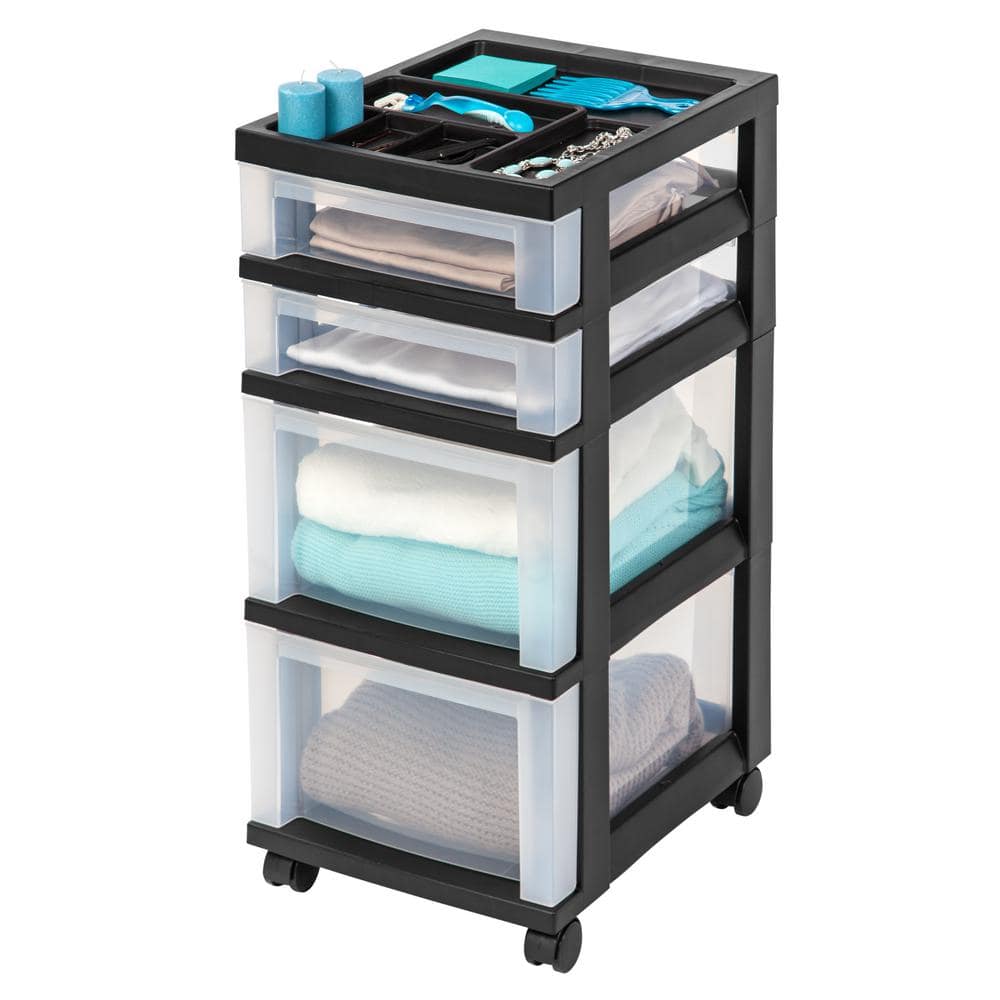 Sleek Black 4-Drawer Rolling Storage Tower with Organizer Top