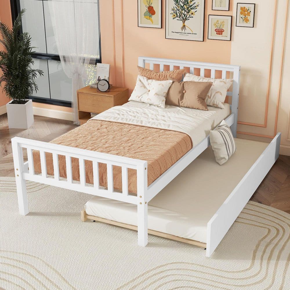 White Wood Frame Twin Size Platform Bed with Trundle, Headboard and Footboard price history on PriceWatchPro
