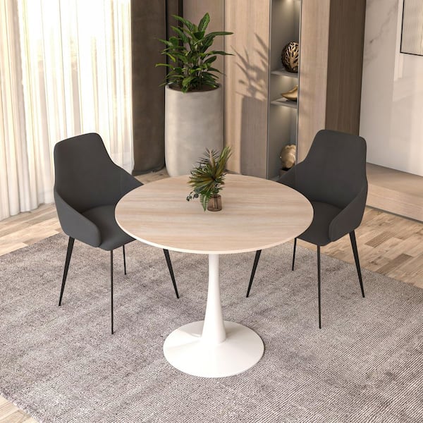 Round Natural Wood Sintered Stone 35.46 in. Tabletop Stainless Steel Pedestal Base Dining Table Seats 4