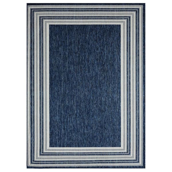Patio Country Layla Navy Blue/Ivory 5 ft. x 7 ft. Modern Border Indoor/Outdoor Area Rug