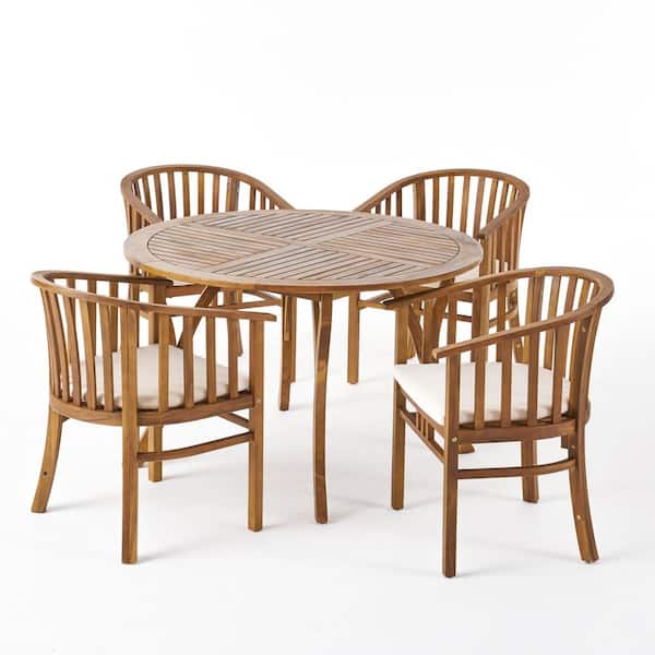 Noble House Alondra Teak Brown 5-Piece Wood Round Outdoor Patio Dining Set with Cream Cushions
