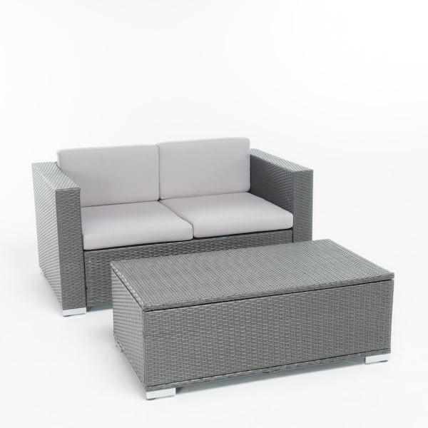 Noble House Florence Grey 2-Piece Plastic Patio Conversation Set with Silver Grey Cushions