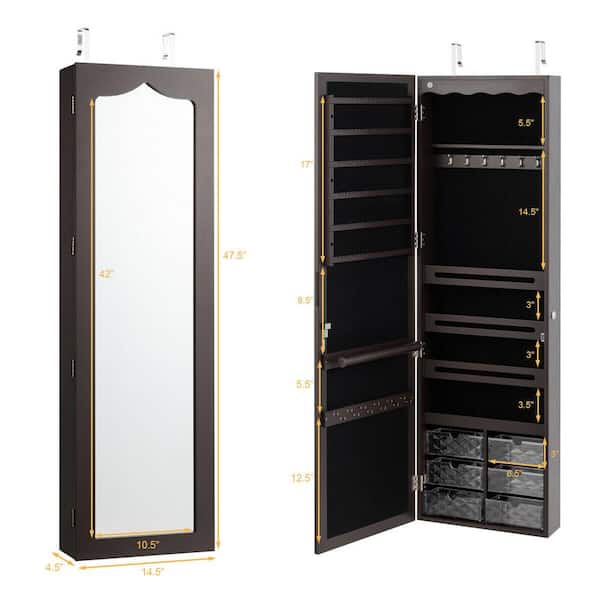 Gymax 47.5 in. H x 14.5 in. W x 4.5 in. D Wall Door Mounted Jewelry Cabinet Organizer LED Mirror Brown