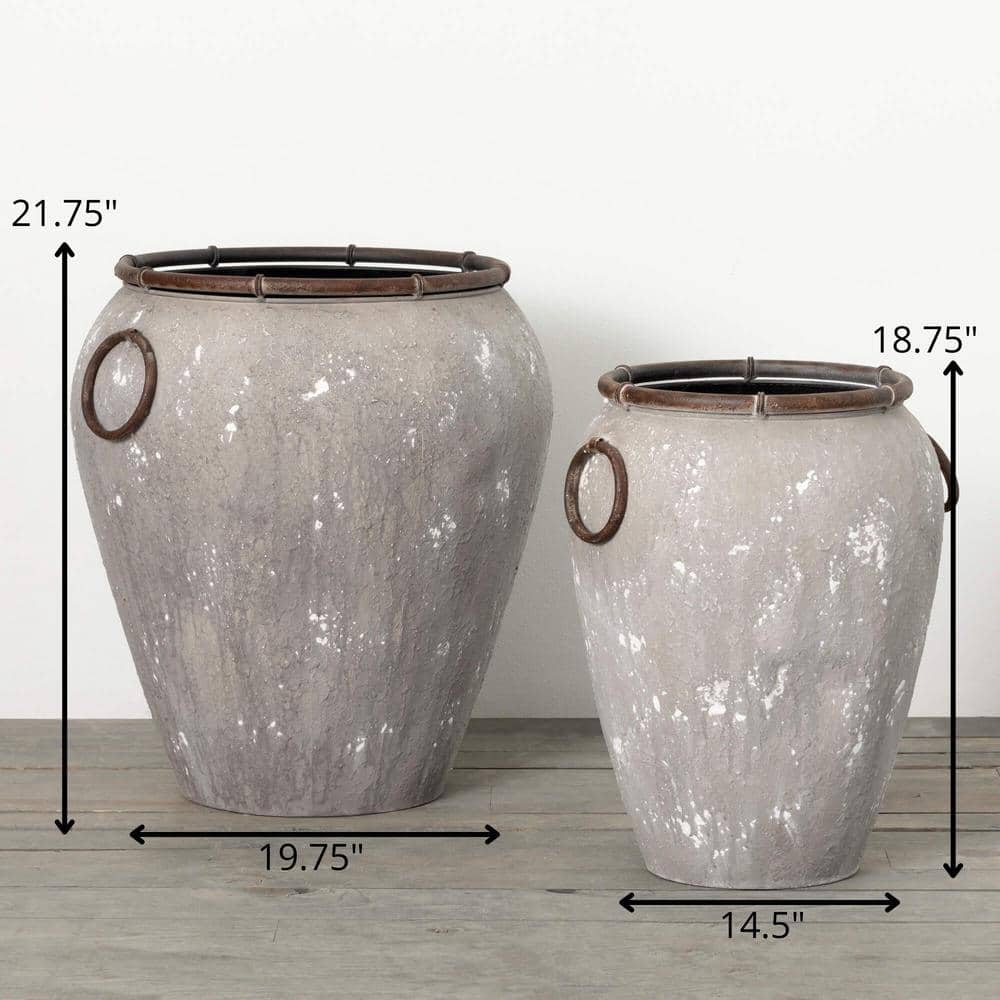 Rustic Gray Metal Urn Planter Set with Handles, 2-Pack